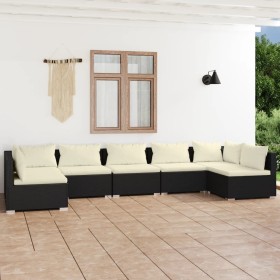 Set Salotto da Giardino 7 pz con Cuscini in Polyrattan Nero