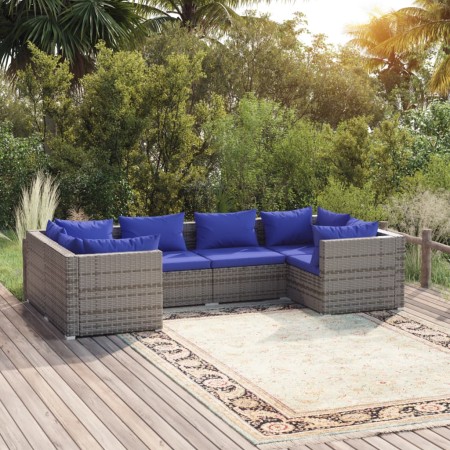 Set Divani da Giardino 6 pz con Cuscini in Polyrattan Grigio