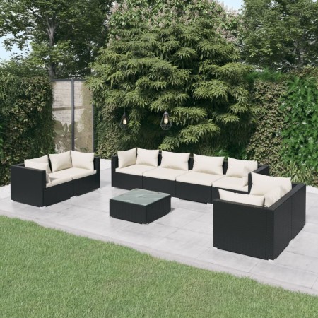 Set Divani da Giardino 9 pz con Cuscini in Polyrattan Nero