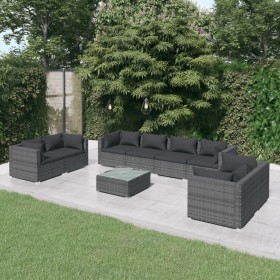 Set Divani da Giardino 9 pz con Cuscini in Polyrattan Grigio