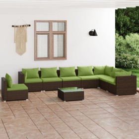 Set Divani da Giardino 9 pz con Cuscini in Polyrattan Marrone