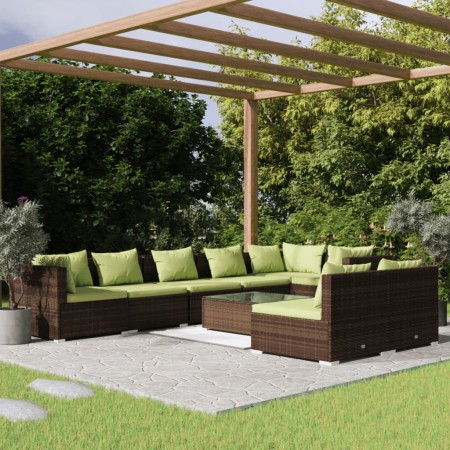 Set Divani da Giardino 9 pz con Cuscini in Polyrattan Marrone