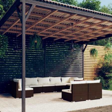 Set Divani da Giardino 9 pz con Cuscini in Polyrattan Marrone