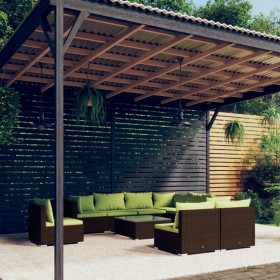 Set Divani da Giardino 10 pz con Cuscini in Polyrattan Marrone