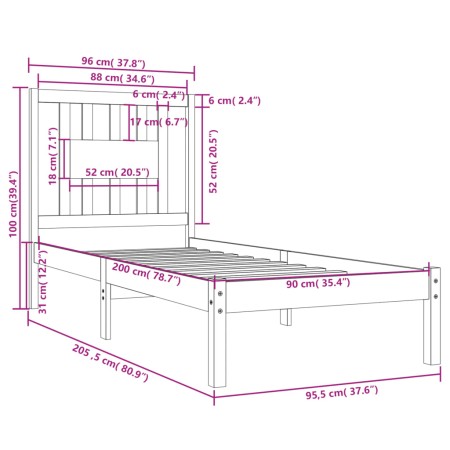 Giroletto Grigio in Legno Massello di Pino 90x200 cm