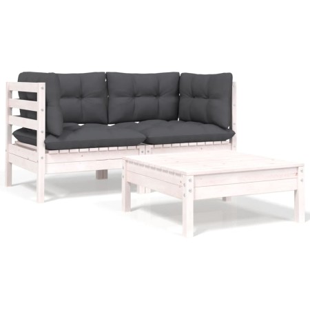 Set Divani da Giardino 3 pz con Cuscini Bianco in Massello Pino