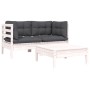 Set Divani da Giardino 3 pz con Cuscini Bianco in Massello Pino