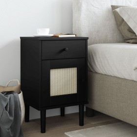 Comodino SENJA Aspetto Rattan Nero 40x35x65 cm in Legno Pino