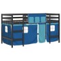 Letto a Soppalco con Tende Bambini Blu 90x200 cm Massello Pino