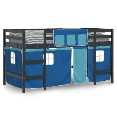 Letto a Soppalco con Tende Bambini Blu 90x200 cm Massello Pino