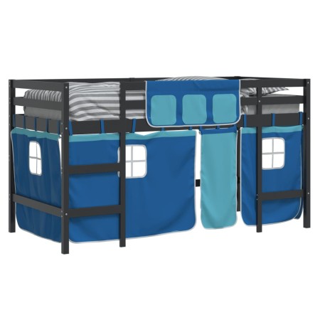 Letto a Soppalco con Tende Bambini Blu 90x200 cm Massello Pino