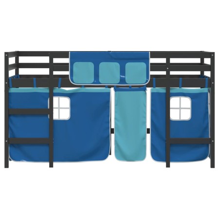 Letto a Soppalco con Tende Bambini Blu 90x200 cm Massello Pino