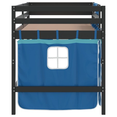 Letto a Soppalco con Tende Bambini Blu 90x200 cm Massello Pino