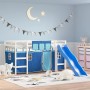 Letto a Soppalco con Tende Bambini Blu 80x200 cm Massello Pino