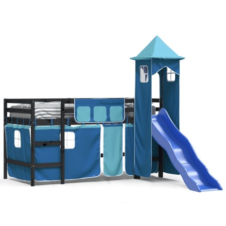 Letto a Soppalco con Torre Bambini Blu 80x200cm Massello Pino