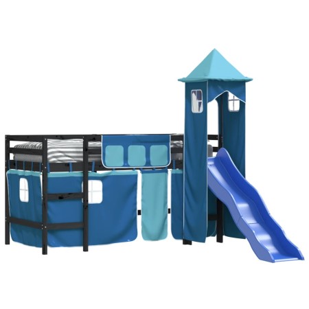 Letto a Soppalco con Torre Bambini Blu 80x200cm Massello Pino