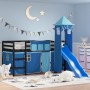 Letto a Soppalco con Torre Bambini Blu 90x200cm Massello Pino