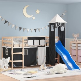 Letto a Soppalco con Torre Bambini Bianco e Nero 90x200cm Pino