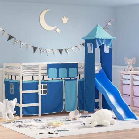 Letto a Soppalco con Torre Bambini Blu 90x190cm Massello Pino