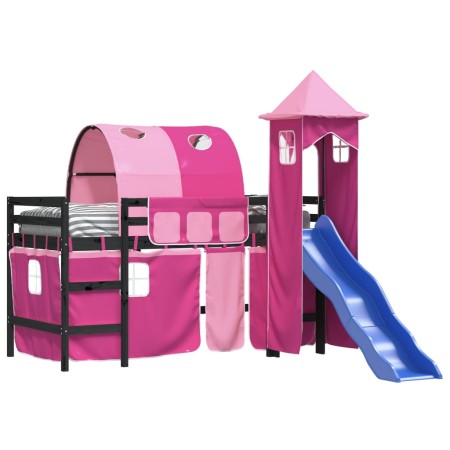 Letto a Soppalco con Torre Bambini Rosa 90x190cm Massello Pino