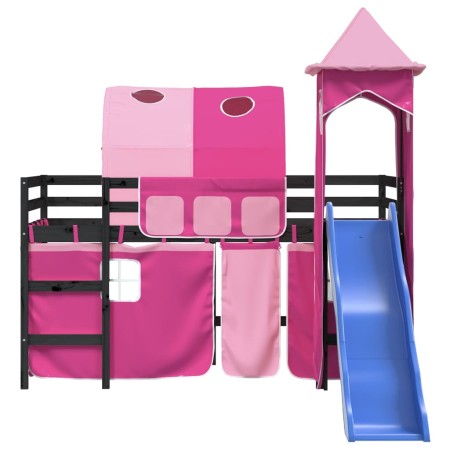 Letto a Soppalco con Torre Bambini Rosa 90x190cm Massello Pino