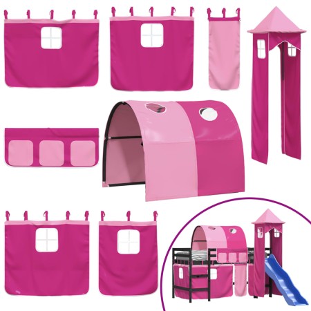 Letto a Soppalco con Torre Bambini Rosa 90x190cm Massello Pino