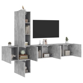 Mobili TV a Muro con LED 5pz Grigio Cemento Legno Multistrato