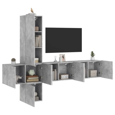 Mobili TV a Muro con LED 5pz Grigio Cemento Legno Multistrato