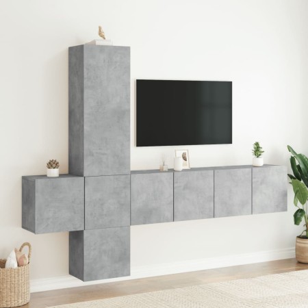 Mobili TV a Muro con LED 5pz Grigio Cemento Legno Multistrato