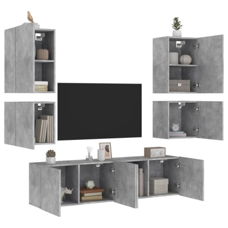 Mobili TV a Muro 6pz Grigio Cemento Legno Multistrato