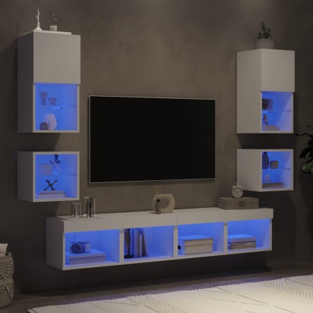 Mobili TV a Muro con LED 8pz Bianchi in Legno Multistrato