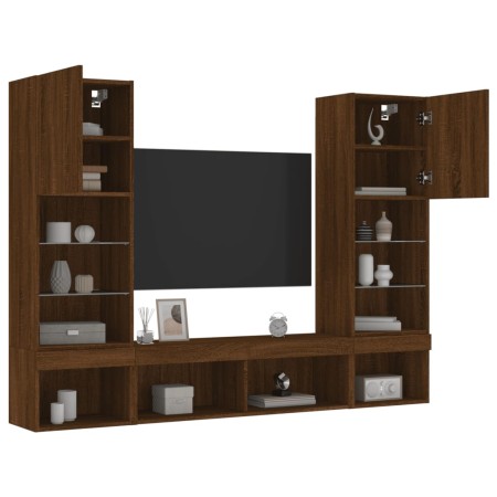 Mobili TV a Muro con LED 5pz Rovere Marrone Legno Multistrato