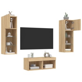 Mobili TV a Muro 4pz con Luci LED Rovere Sonoma