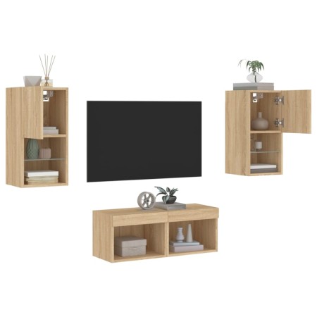 Mobili TV a Muro 4pz con Luci LED Rovere Sonoma