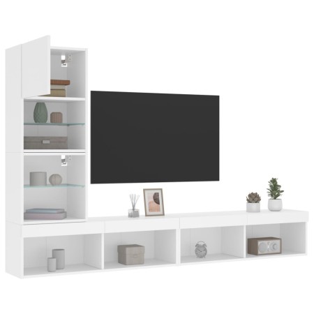 Mobili TV a Muro con LED 4pz Bianchi in Legno Multistrato