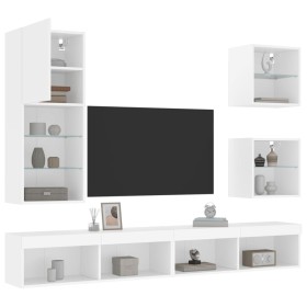 Mobili TV a Muro con LED 5pz Bianchi in Legno Multistrato