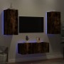 Mobili TV a Muro con LED 4pz Rovere Fumo in Legno Multistrato