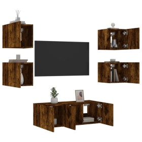 Mobili TV a Muro con LED 6pz Rovere Fumo in Legno Multistrato