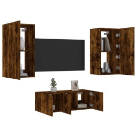 Mobili TV a Muro con LED 4pz Rovere Fumo in Legno Multistrato