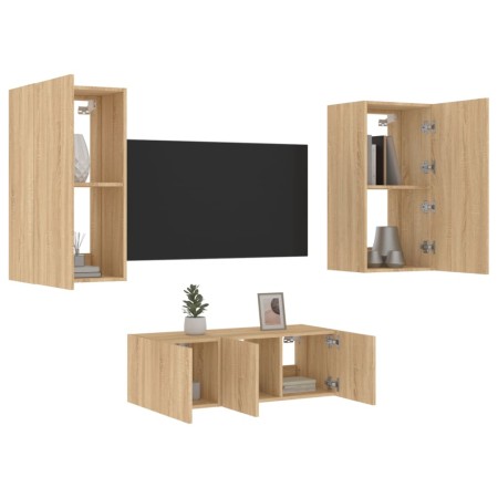 Mobili TV a Muro con LED 4pz Rovere Sonoma Legno Multistrato