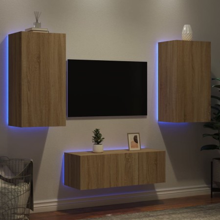 Mobili TV a Muro con LED 4pz Rovere Sonoma Legno Multistrato