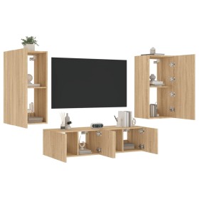 Mobili TV a Muro con LED 4pz Rovere Sonoma Legno Multistrato