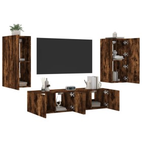 Mobili TV a Muro con LED 4pz Rovere Fumo in Legno Multistrato