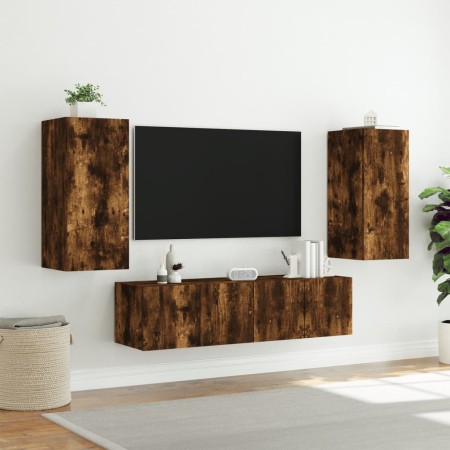 Mobili TV a Muro con LED 4pz Rovere Fumo in Legno Multistrato