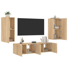 Mobili TV a Muro con LED 4pz Rovere Sonoma Legno Multistrato