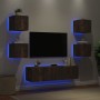 Mobili TV a Muro con LED 6pz Rovere Fumo in Legno Multistrato