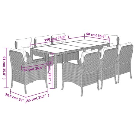 Set da Pranzo da Giardino 9 pz con Cuscini Nero in Polyrattan