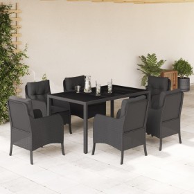 Set da Pranzo da Giardino 7 pz Nero con Cuscini in Polyrattan