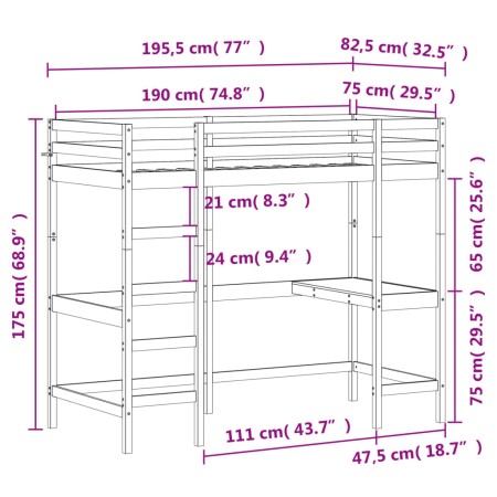 Letto Soppalco con Scrivania Marrone Cera 75x190 cm Legno Pino