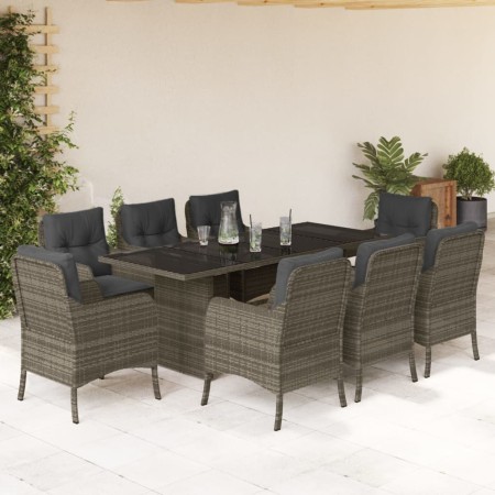 Set da Pranzo da Giardino 9 pz con Cuscini in Polyrattan Grigio